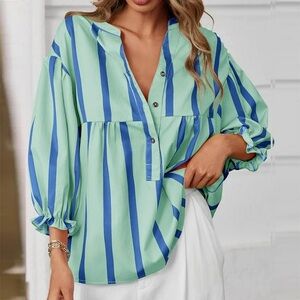 Vici Mint Green and Blue Striped Button-Front Blouse